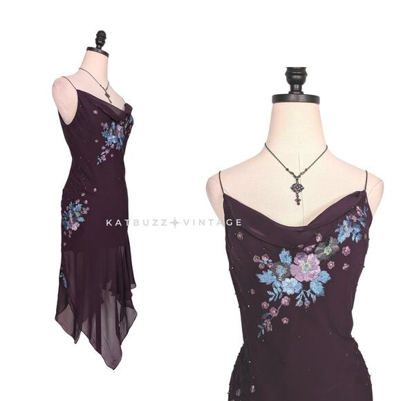 Vintage Papell Silk Midi Dress Cocktail Gown 6 Purple Y2K Fairy Floral Bead Slip - Picture 4 of 15